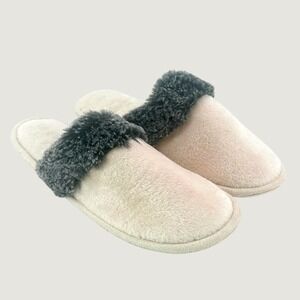 Kirkland's Home Slippers Women's 8/9 White Pink Gray Faux Fur Trim House Shoes